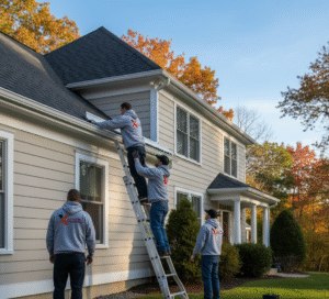 Xpert Roofing Pro technician performing gutter repair in Ridgefield CT home