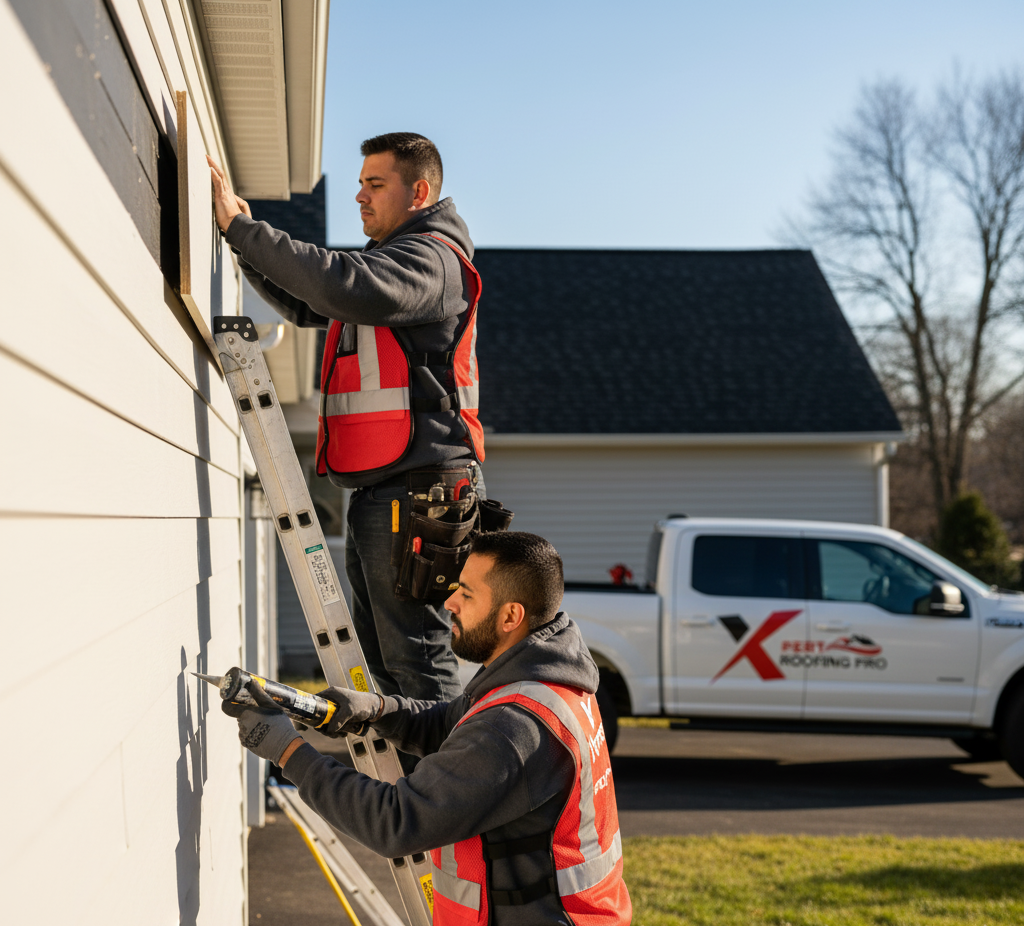 Xpert Roofing Pro siding installers working on a Danbury CT home, wearing branded hoodies and safety vests with company truck visible in background