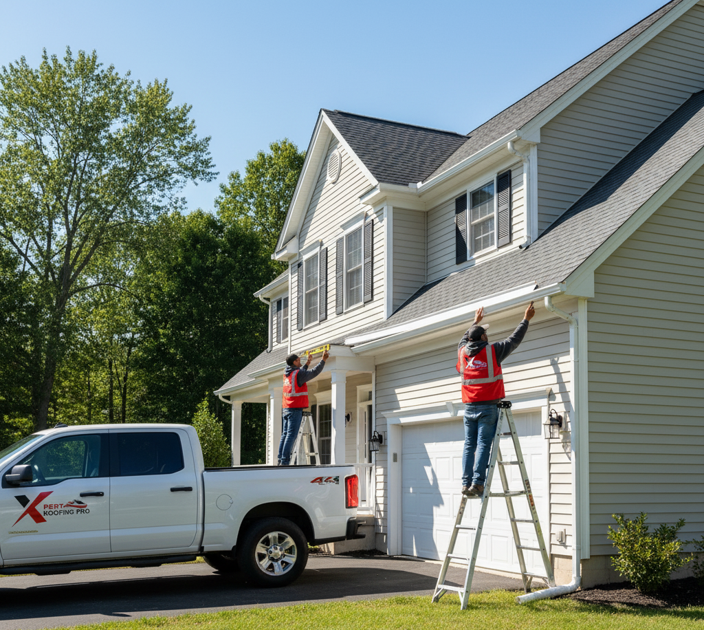 Xpert Roofing Pro crew installing seamless gutters on a two-story home in New Milford CT, with branded truck parked nearby under clear blue skies.