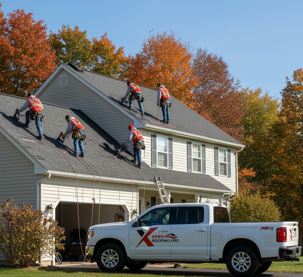 Xpert Roofing Pro crew performing roof repair on a Brookfield CT home with branded truck parked in driveway under clear autumn skies.