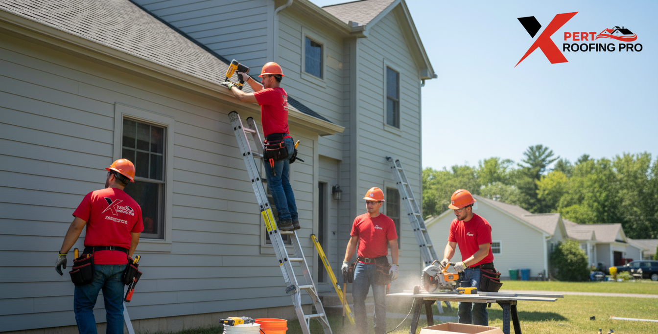 Professional siding contractors from Xpert Roofing Pro installing vinyl siding on a home in Bethel, CT. Crew wearing red shirts with company logo, performing exterior renovation under clear daylight