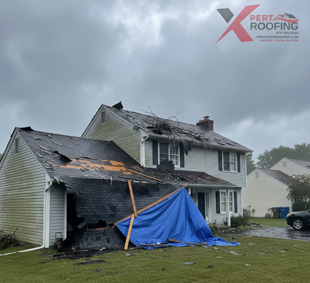 storm damaged roof in Bethel CT with torn shingles and debris after severe wind and rain, needing emergency roof repair by Xpert Roofing Pro