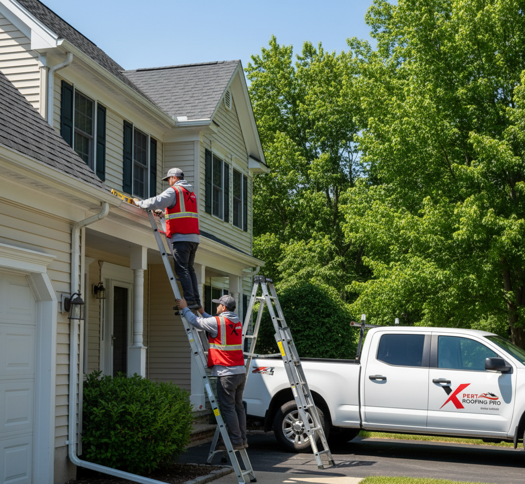 Xpert Roofing Pro team installing seamless aluminum gutters on a Brookfield CT home with branded service truck parked nearby.