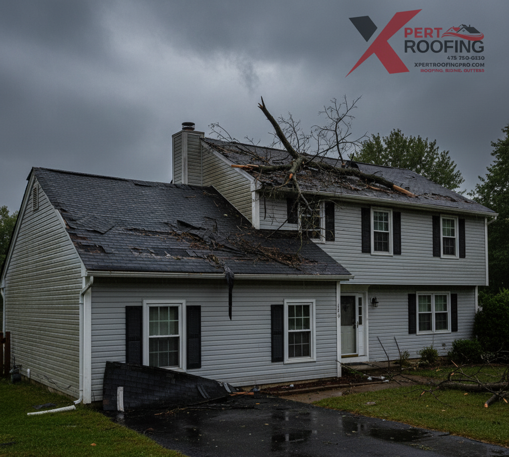 emergency roofing in Brookfield CT with Xpert Roofing Pro crew tarping and repairing storm damaged shingles using GAF materials