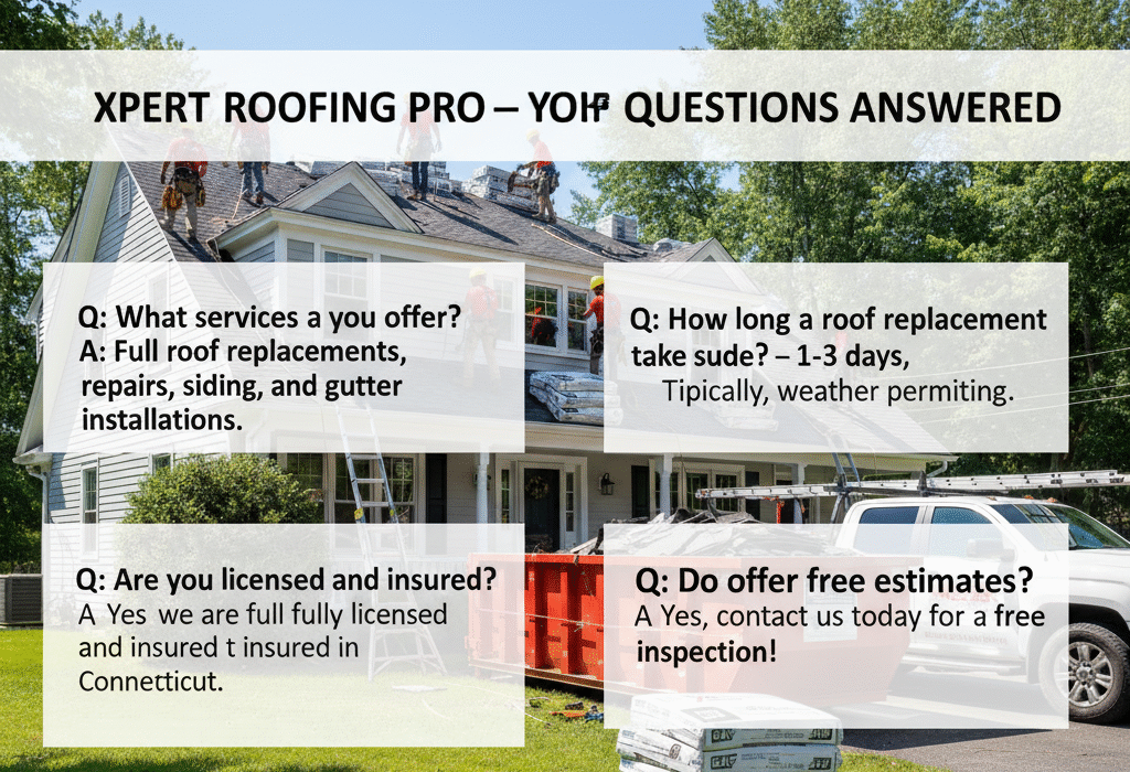 Xpert Roofing Pro expert explaining roof repair and replacement FAQs to homeowner in Connecticut with GAF shingles and roofing materials visible.