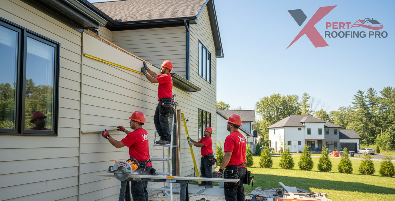 Professional siding contractors from Xpert Roofing Pro installing fiber cement siding on a modern home in Bethel, CT. Crew members in red uniforms with company logo measuring, cutting, and fastening siding panels as part of the installation process.