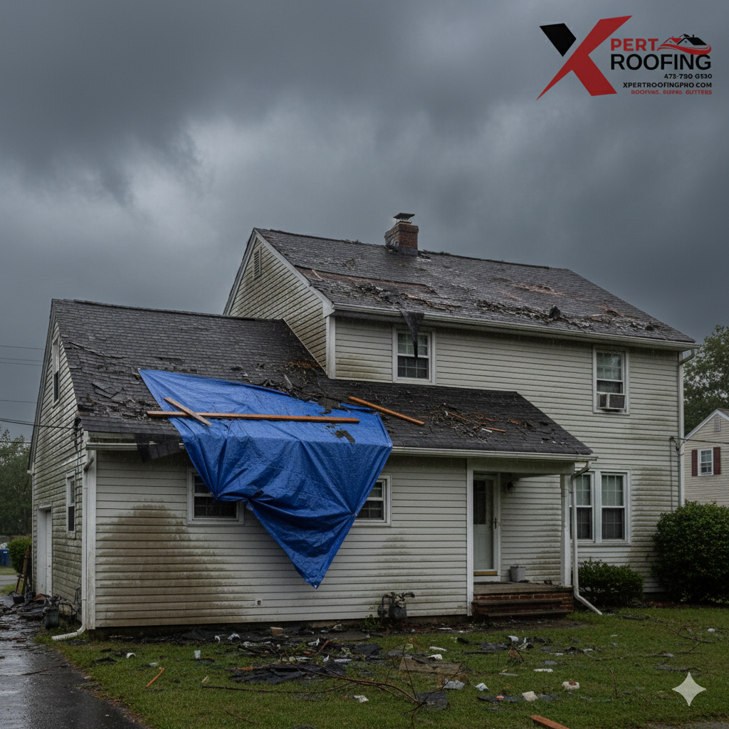 roof repair in Bethel CT by Xpert Roofing Pro crew fixing shingles and flashing on residential roof with GAF materials