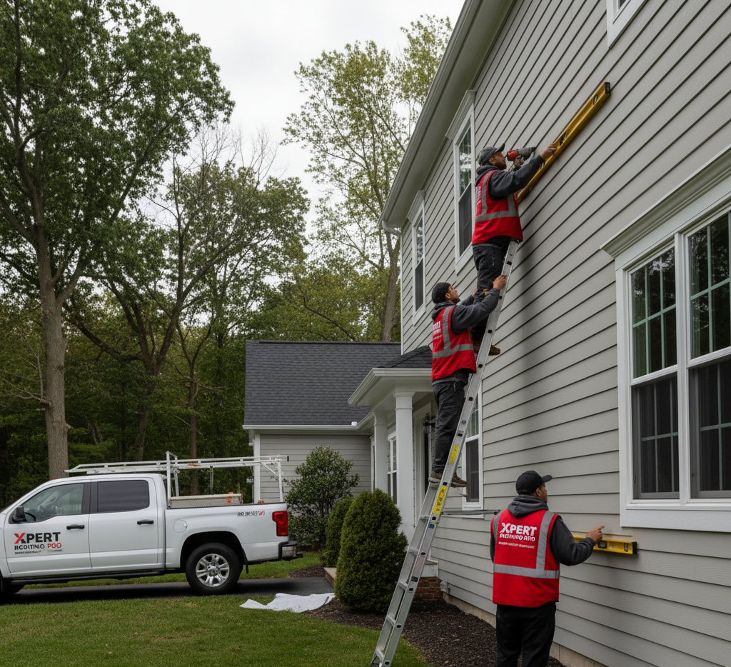 Xpert Roofing Pro siding installers working on a Ridgefield CT home using ladders and tools for precise vinyl siding installation