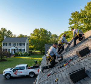 “Xpert Roofing Pro crew repairing asphalt shingle roof on a Danbury CT home, with company truck and logo visible — professional roof repair service.”