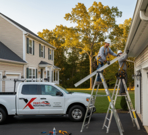 Xpert Roofing Pro crew installing seamless gutters on a Danbury CT home, wearing safety gear with company truck and logo visible in driveway