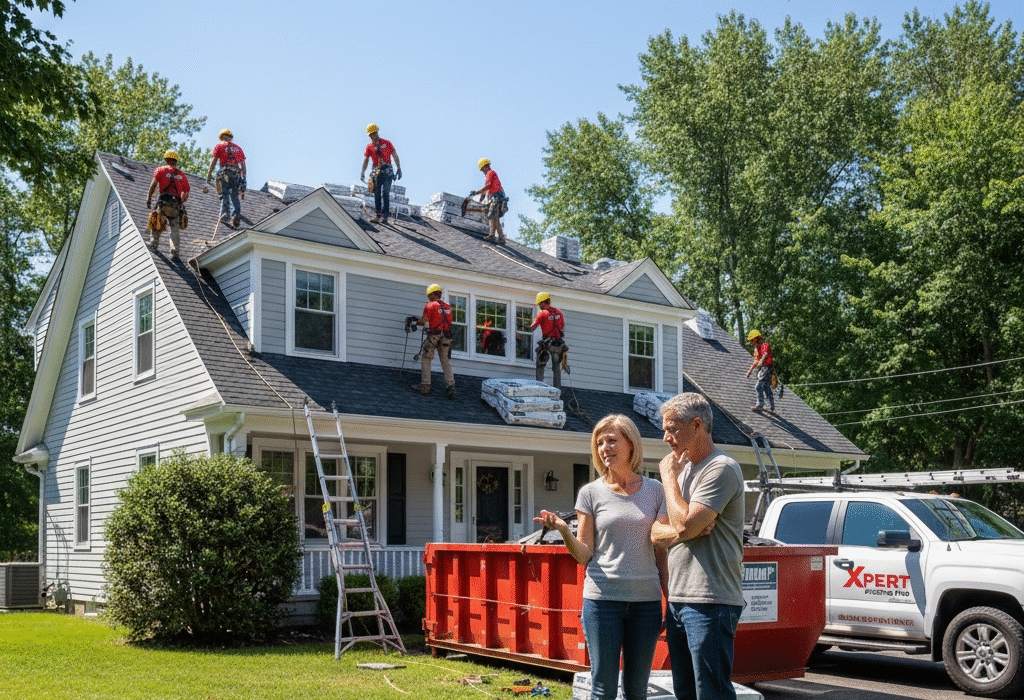 A middle-aged couple, homeowners, stand in their front yard in Danbury, CT, engaged in conversation while an Xpert Roofing Pro crew performs a roof replacement on their two-story house. The Xpert Roofing Pro logo is watermarked in the top right corner.
