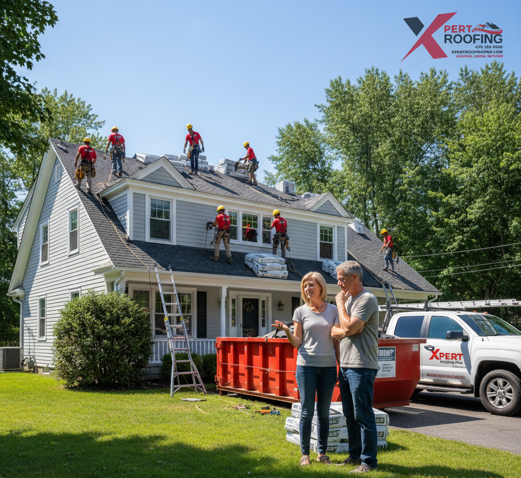 A middle-aged couple, homeowners, stand in their front yard in Danbury, CT, engaged in conversation while an Xpert Roofing Pro crew performs a roof replacement on their two-story house. The Xpert Roofing Pro logo is watermarked in the top right corner.
