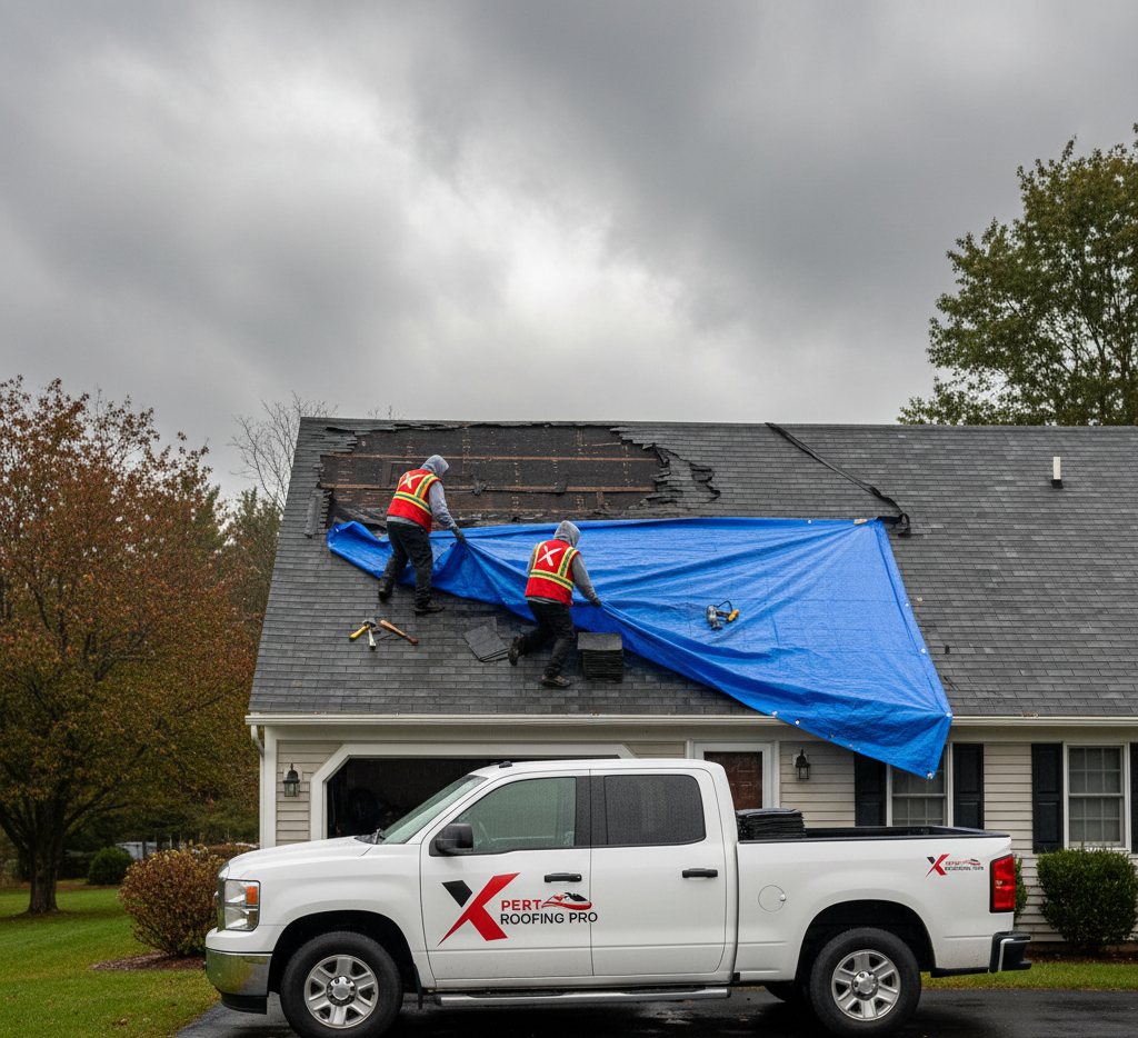 Xpert Roofing Pro crew providing emergency roof repair in New Milford, CT, securing storm-damaged shingles with a protective blue tarp on a residential home.