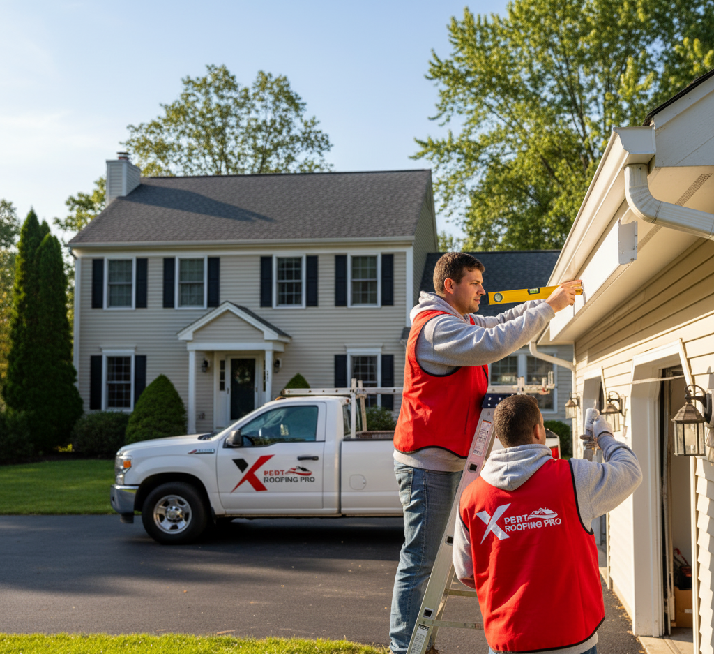 Xpert Roofing Pro crew installing seamless aluminum gutters on a Newtown CT home, with branded truck parked in driveway under clear Connecticut sky.