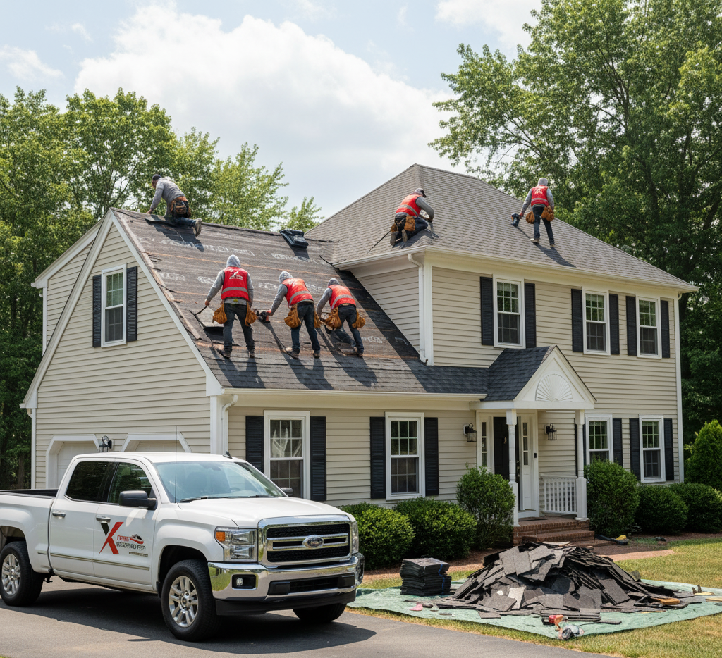 Xpert Roofing Pro team performing roof replacement in Newtown CT, removing old shingles and installing new roofing with branded truck parked in driveway.