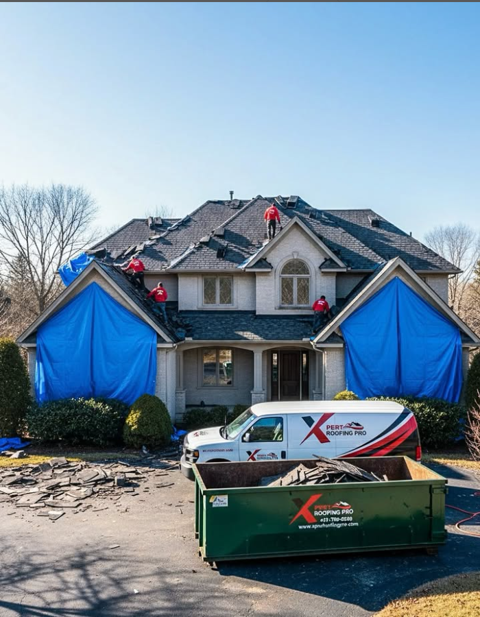 Xpert Roofing Pro emergency roof repair team in Ridgefield CT securing a storm-damaged roof with blue tarps and debris removal truck on site