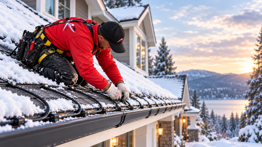Xpert Roofing Pro technician installing roof deicing cables on a Connecticut home before winter