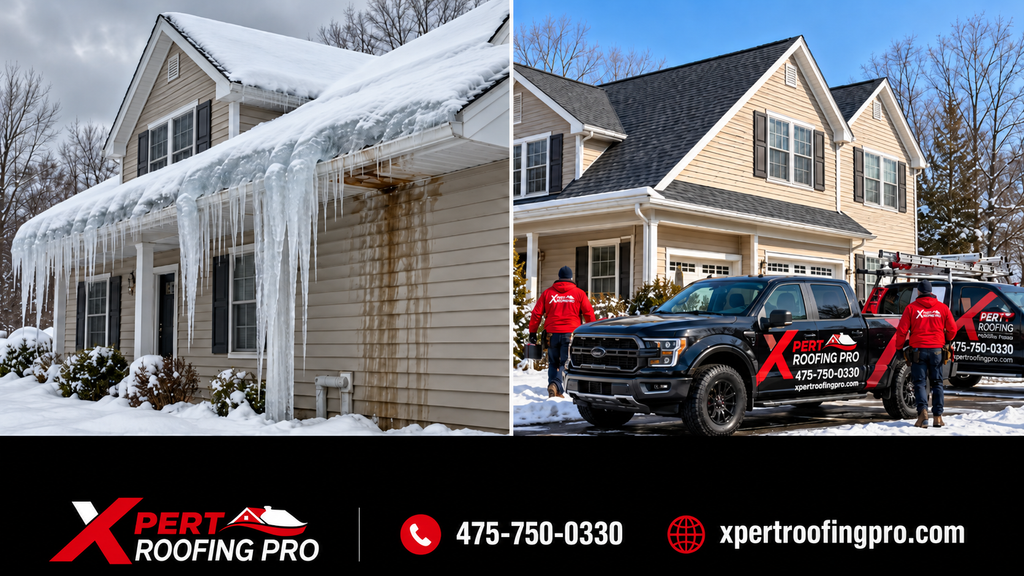 Xpert Roofing Pro roofer repairing ice dam roof problems on a Connecticut home in winter