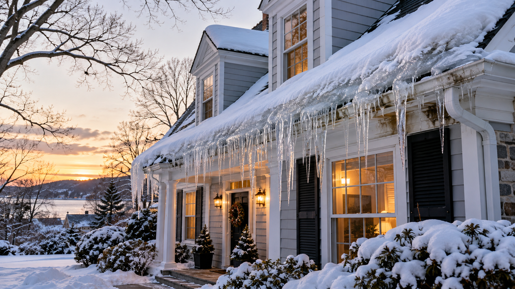 Ice dam and icicles along the edge of a snow-covered roof on a Connecticut home