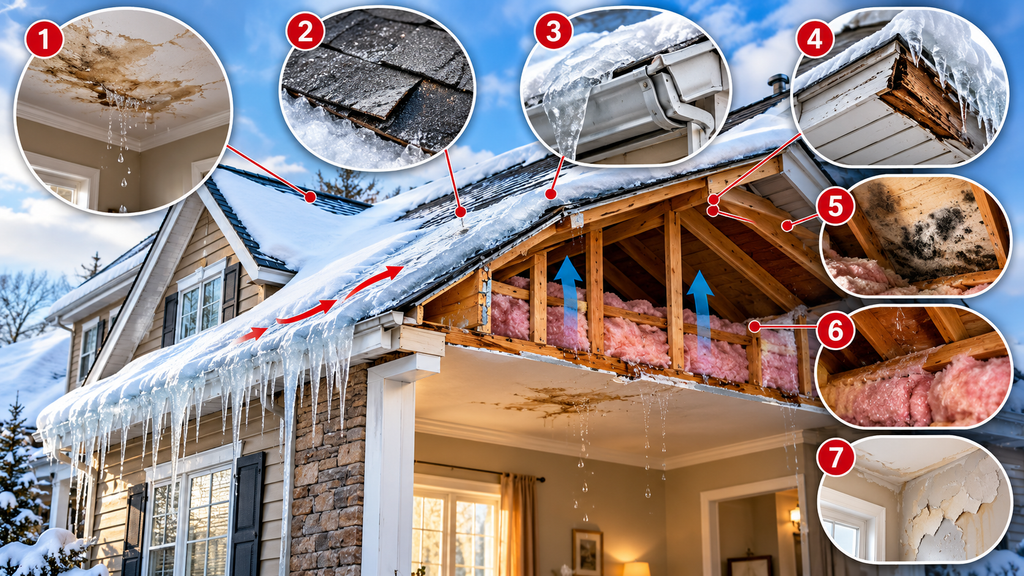 7 common ice dam roof problems, including leaks, damaged shingles, gutter damage and attic mold