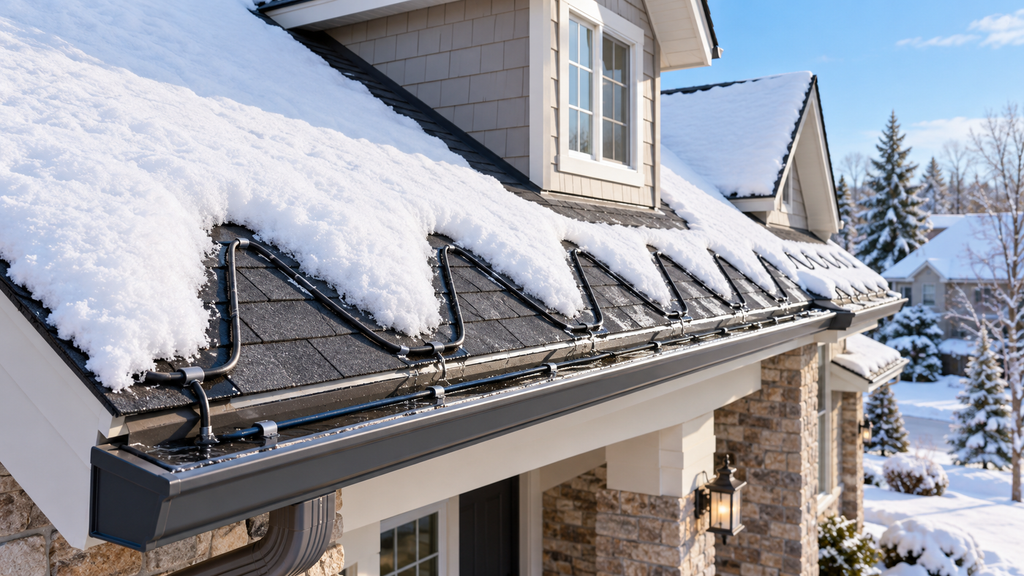 Roof heating cables installed along the snowy roof edge of a Connecticut home