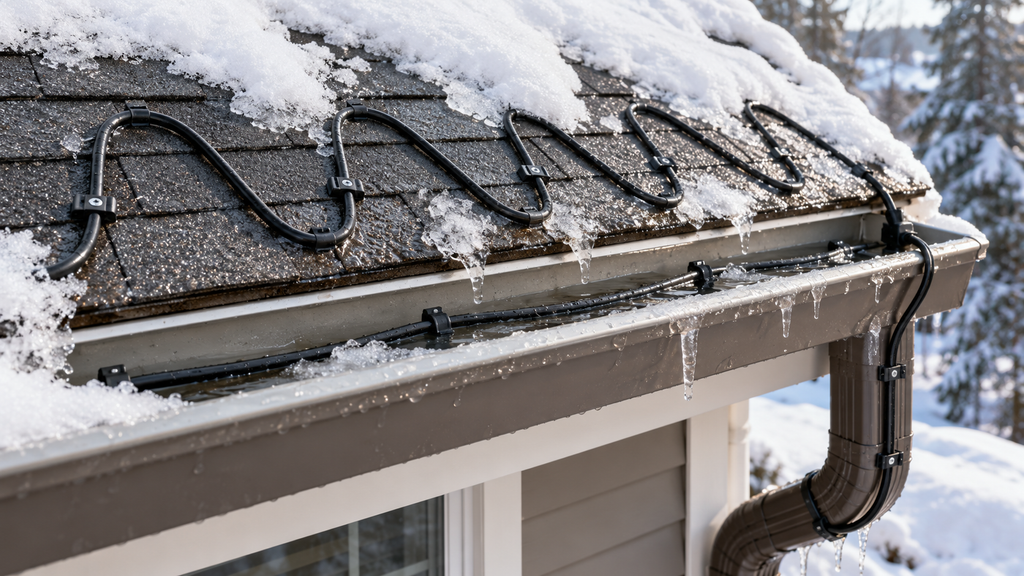 Heat tape for roof installed in a zig-zag pattern above the eaves and gutters