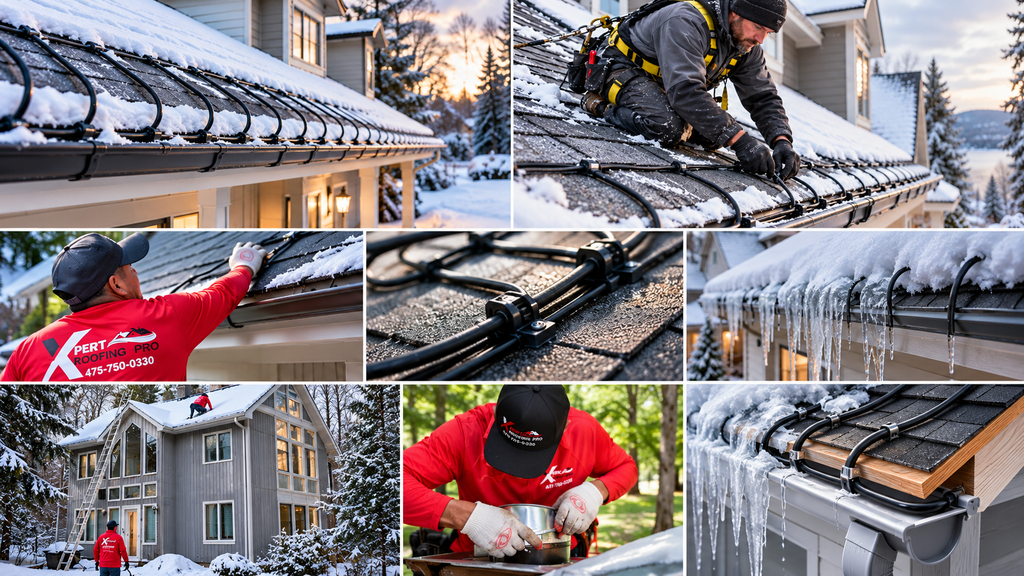 Heated gutters and downspouts keeping meltwater flowing on a house in winter